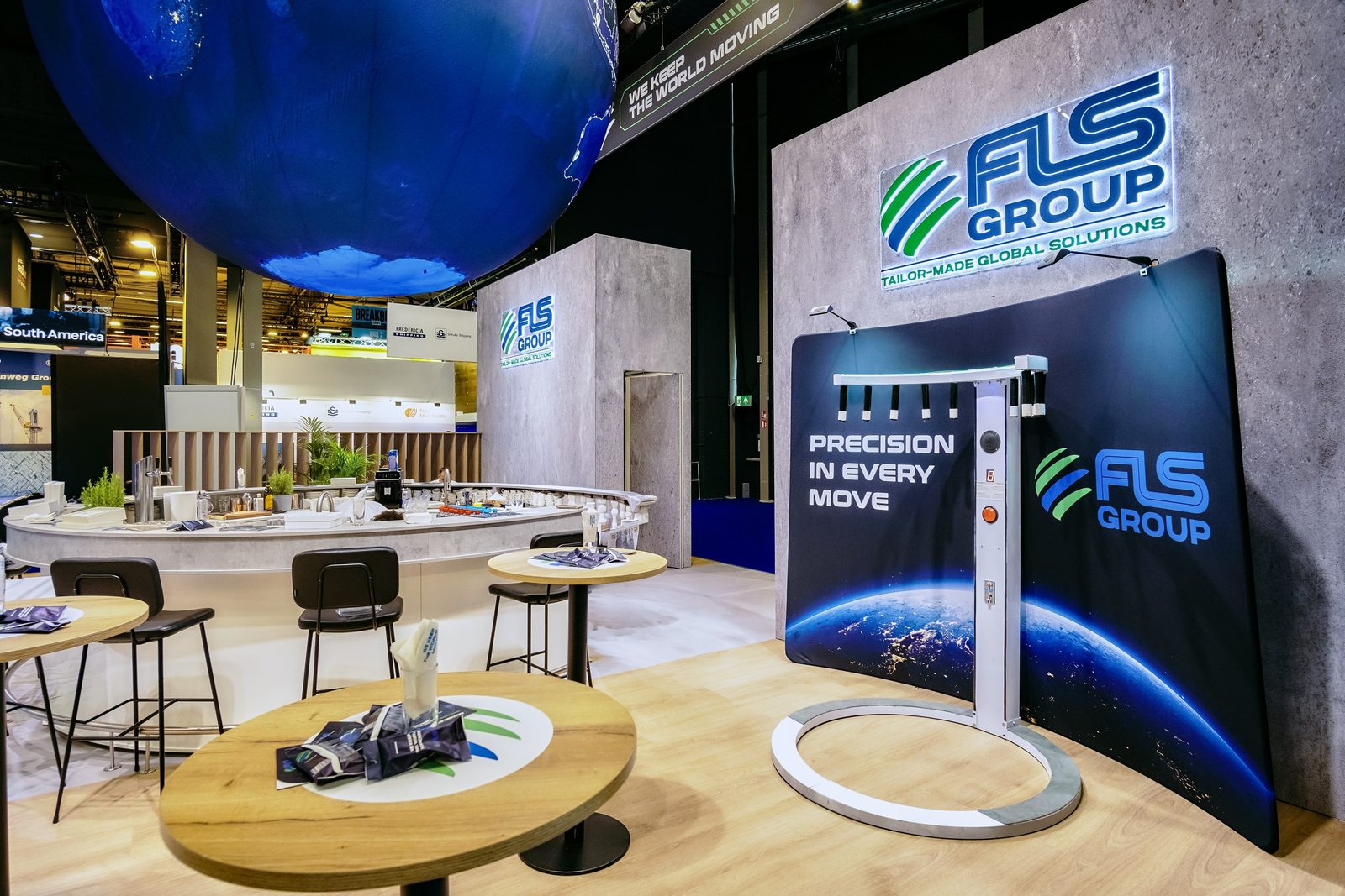 FLS Group booth hospitality area and branded activation