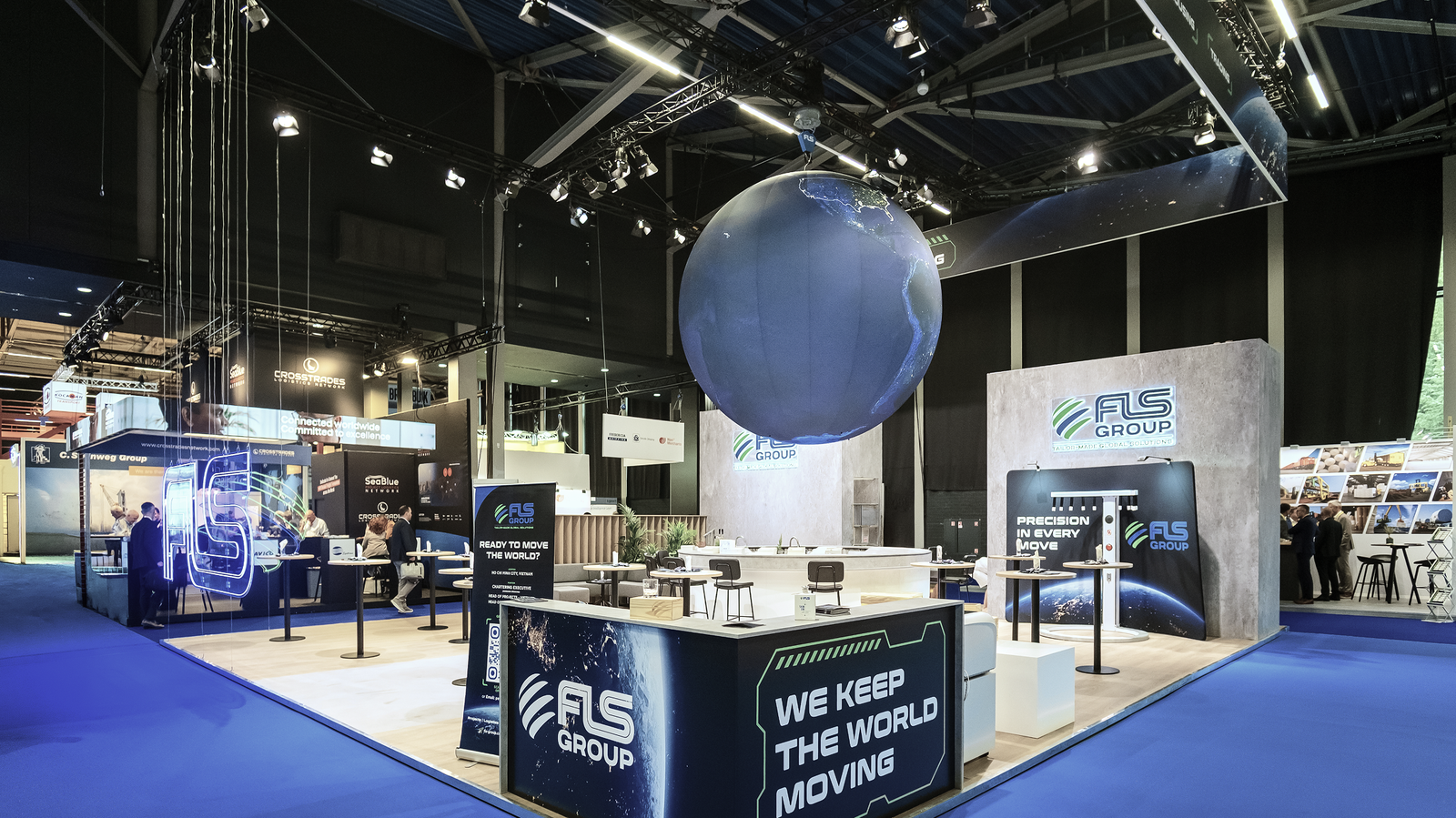 Wide view of the completed FLS Group exhibition booth