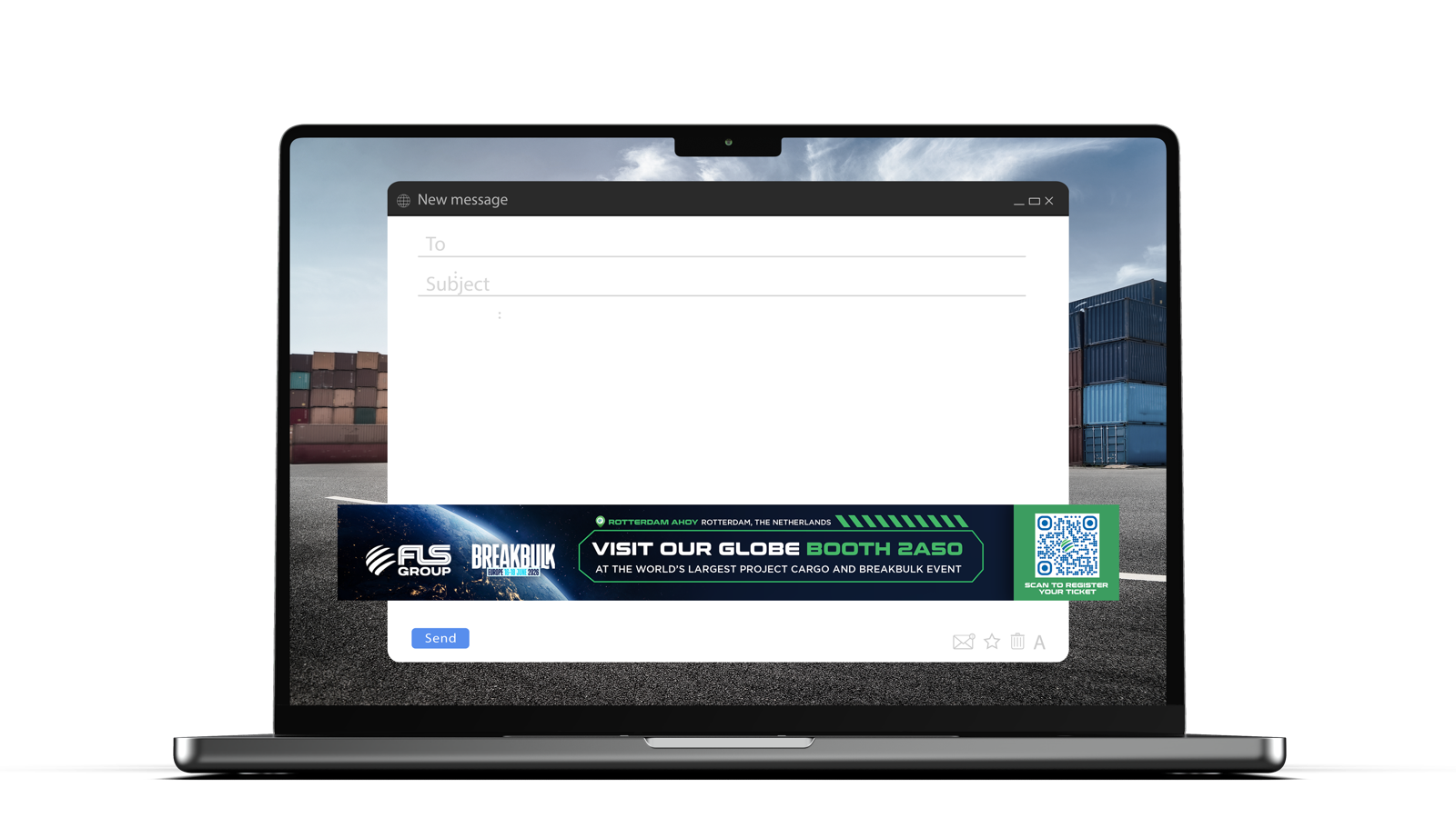 FLS Group email signature displayed on a laptop