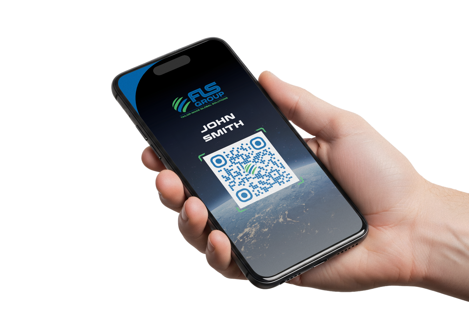 FLS Group electronic namecard displayed on a phone