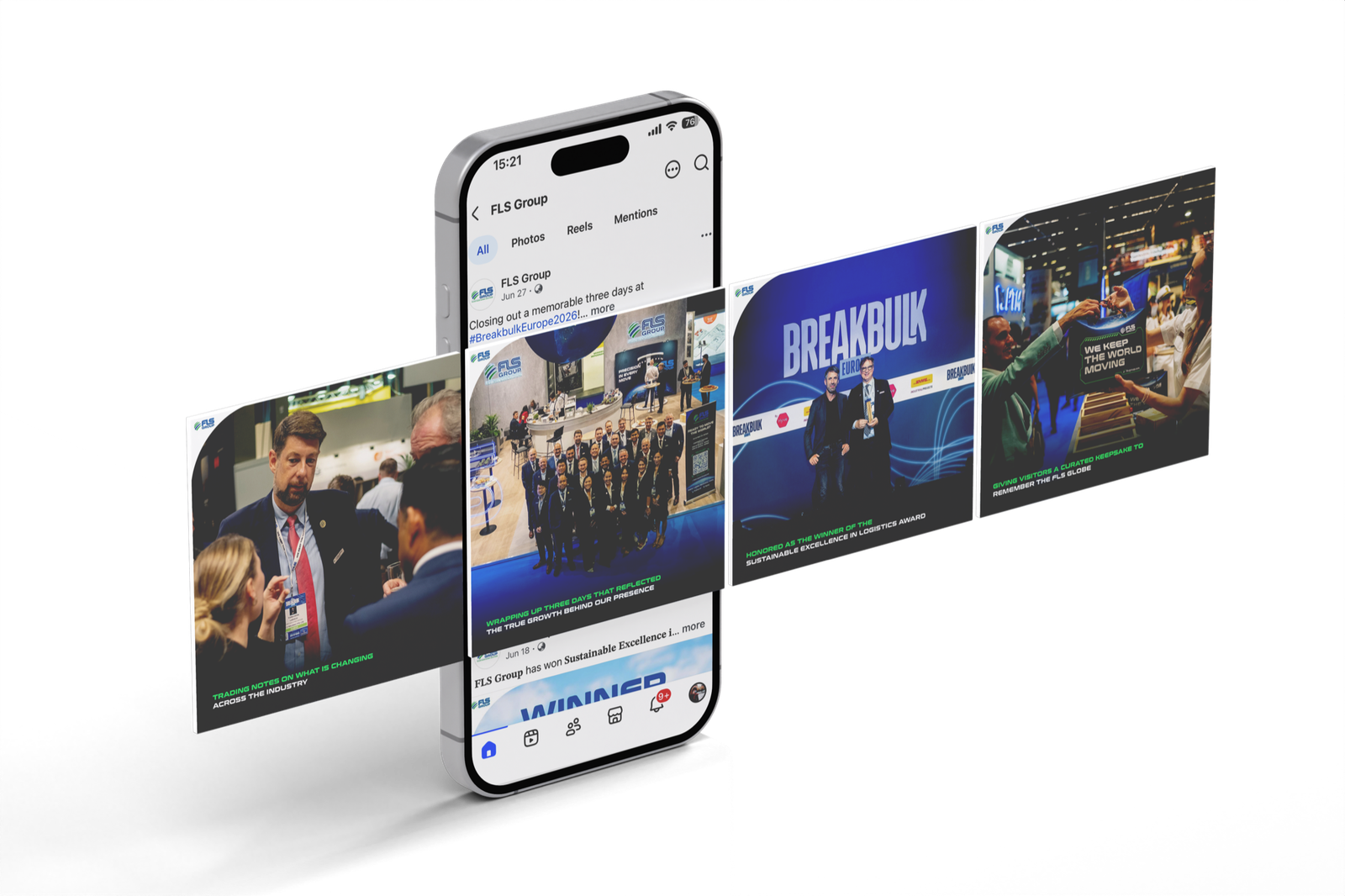 FLS Group social media posts displayed around an Instagram phone mockup